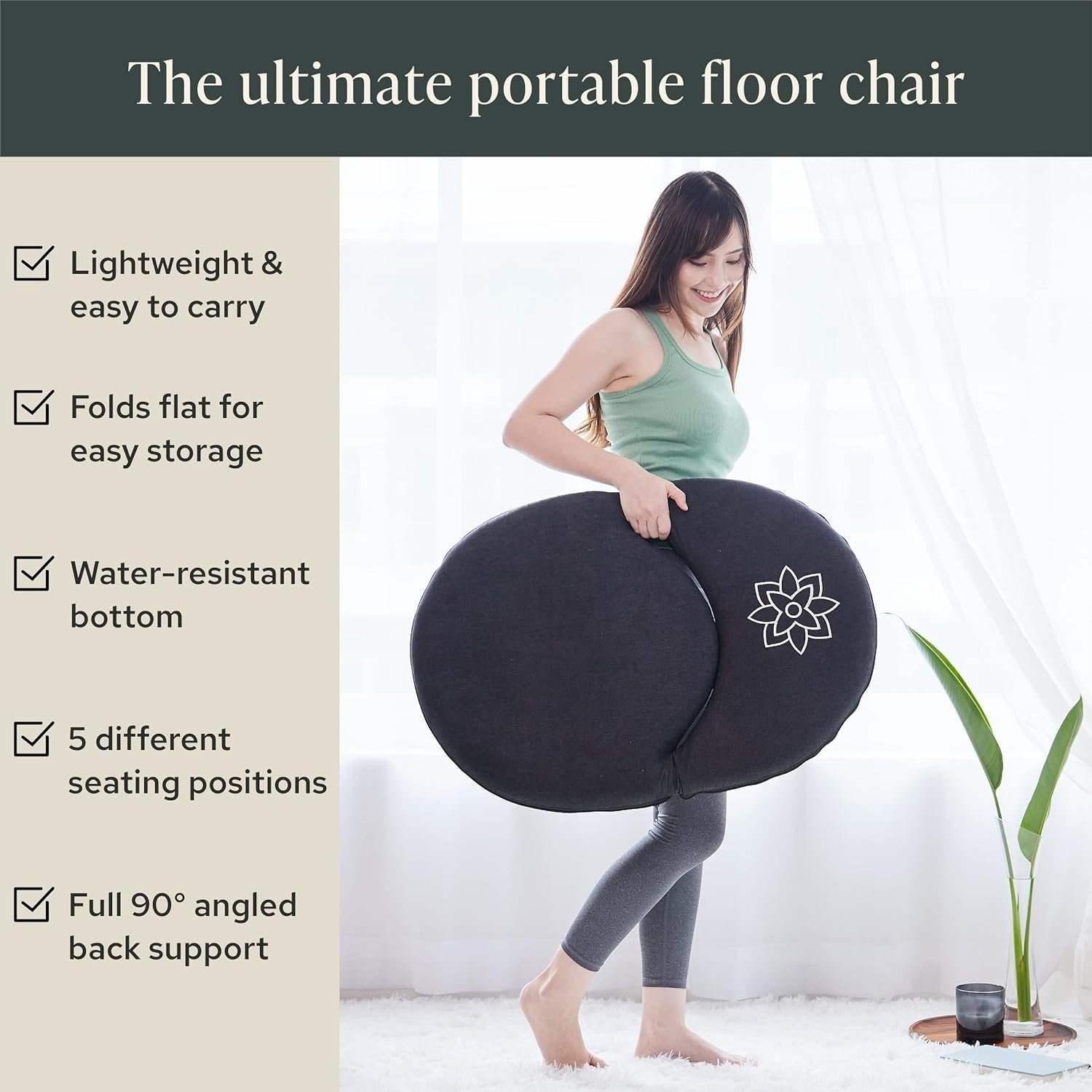 Mindful Modern Meditation Chair | Adjustable Floor Chair with Back Support | Padded Floor Seat for Posture Support and Comfort | Portable Folds Flat for Storage | Indoor/Outdoor Use