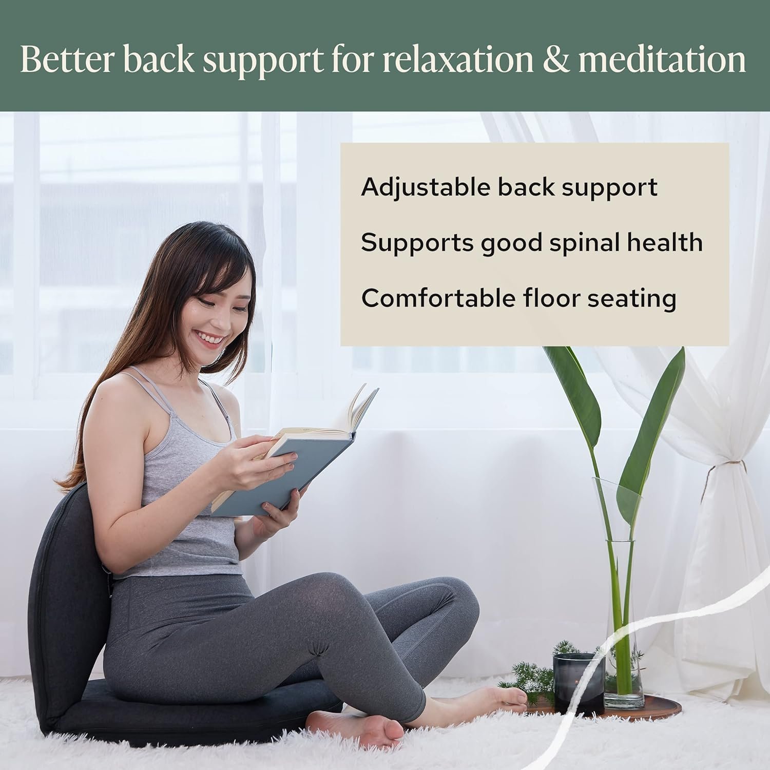 Mindful Modern Meditation Chair | Adjustable Floor Chair with Back Support | Padded Floor Seat for Posture Support and Comfort | Portable Folds Flat for Storage | Indoor/Outdoor Use