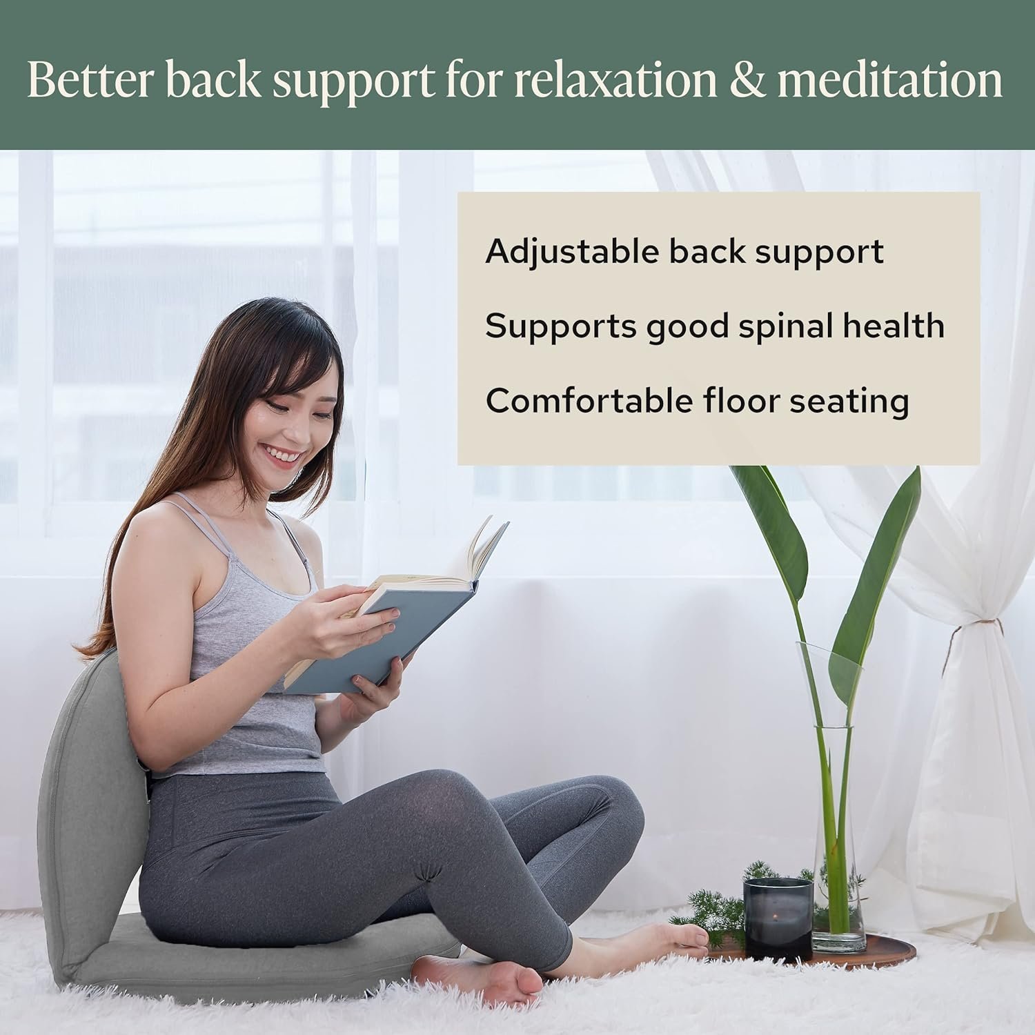 Mindful Modern Meditation Chair | Adjustable Floor Chair with Back Support | Padded Floor Seat for Posture Support and Comfort | Portable Folds Flat for Storage | Indoor/Outdoor Use