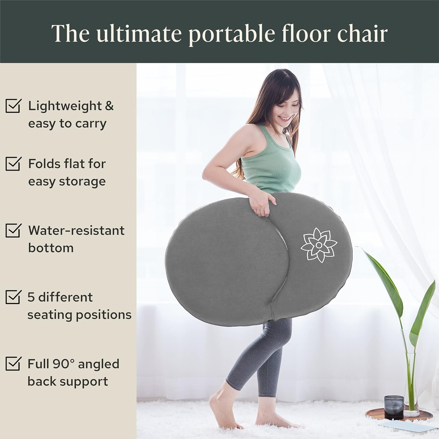 Mindful Modern Meditation Chair | Adjustable Floor Chair with Back Support | Padded Floor Seat for Posture Support and Comfort | Portable Folds Flat for Storage | Indoor/Outdoor Use