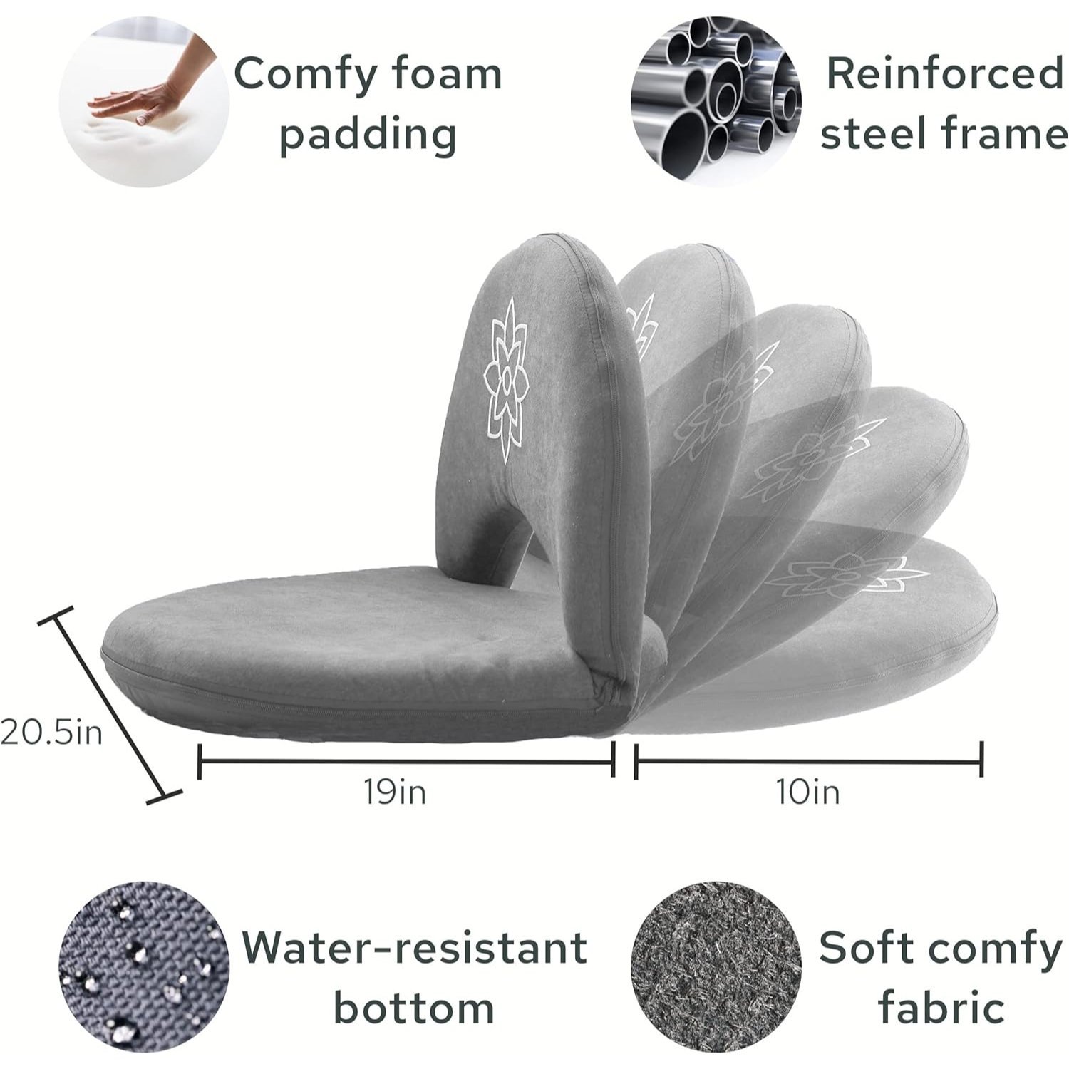 Mindful Modern Meditation Chair | Adjustable Floor Chair with Back Support | Padded Floor Seat for Posture Support and Comfort | Portable Folds Flat for Storage | Indoor/Outdoor Use