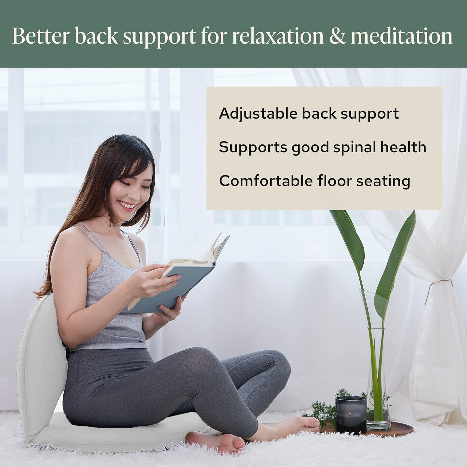 Mindful Modern Meditation Chair | Adjustable Floor Chair with Back Support | Padded Floor Seat for Posture Support and Comfort | Portable Folds Flat for Storage | Indoor/Outdoor Use